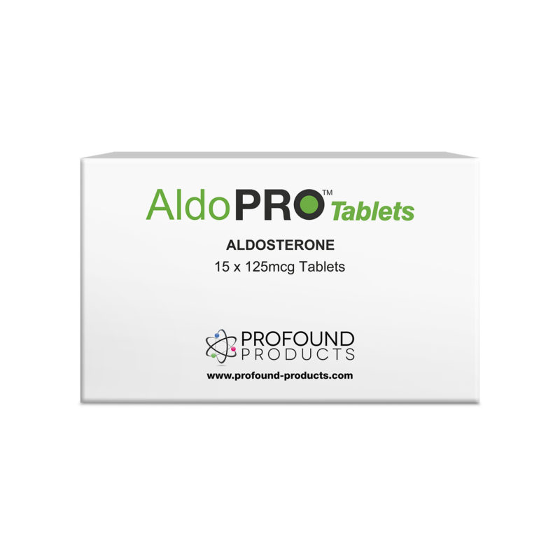 Aldo PRO Tablets product packaging in white showing it holds Aldosterone Tablets