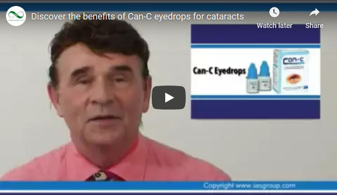 A screenshot of a YouTube video talking about the benefits of Can-C eyedrops for cataracts