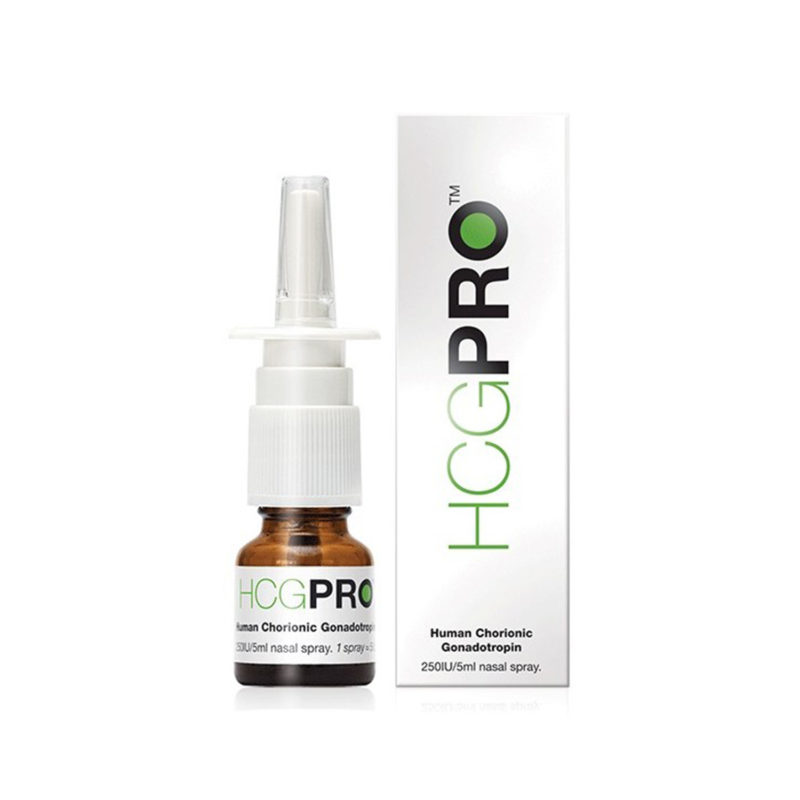 HCG PRO Human Chorionic Gonadotropin nasal spray and product packaging
