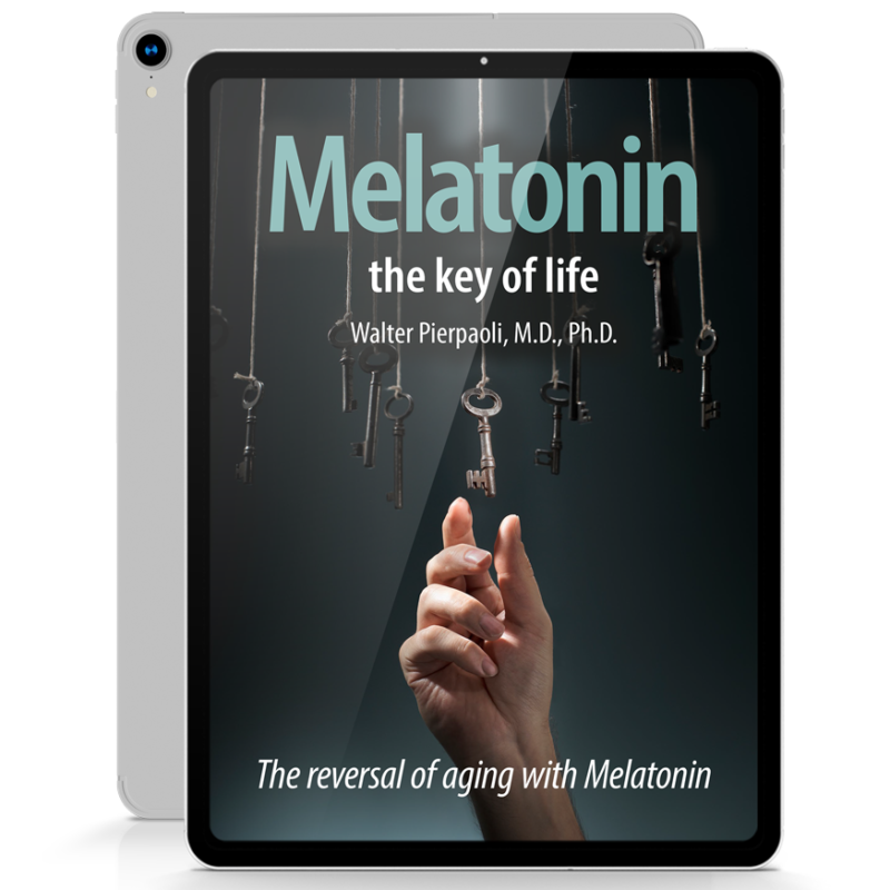 iPad with an e-book cover of 'Melatonin the key of life' by Walter Pierpaoli