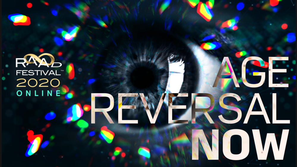 Close up of eye with Age Reversal Now text in inverted colours