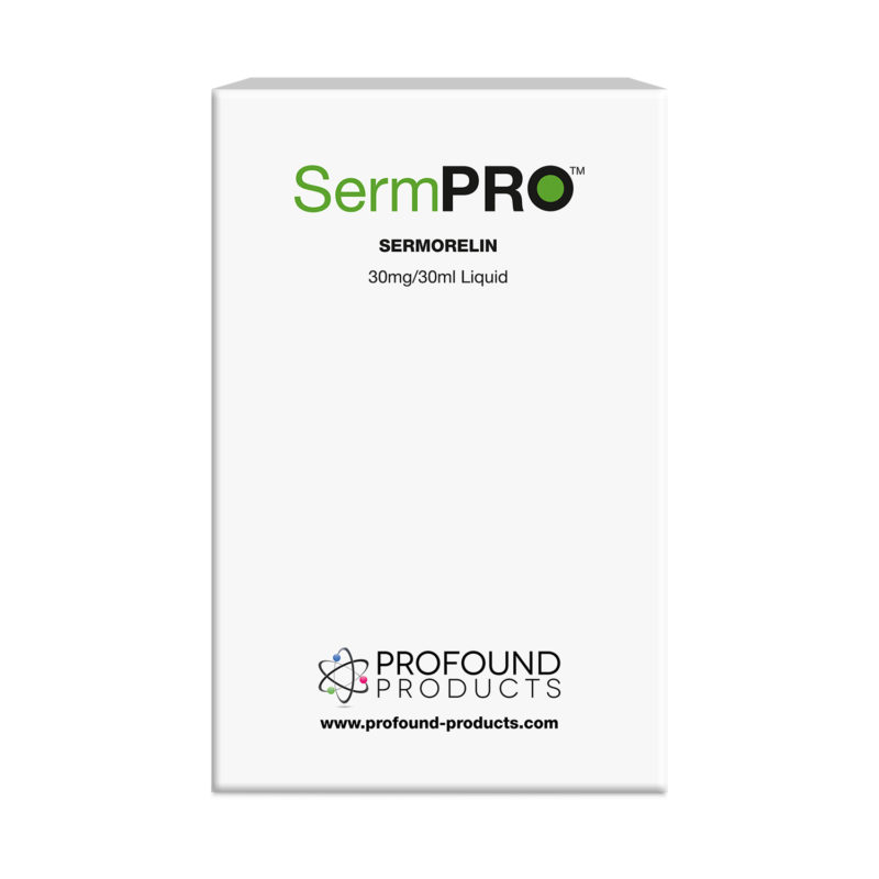 Serm Pro Sermorelin with product packaging with black & green text