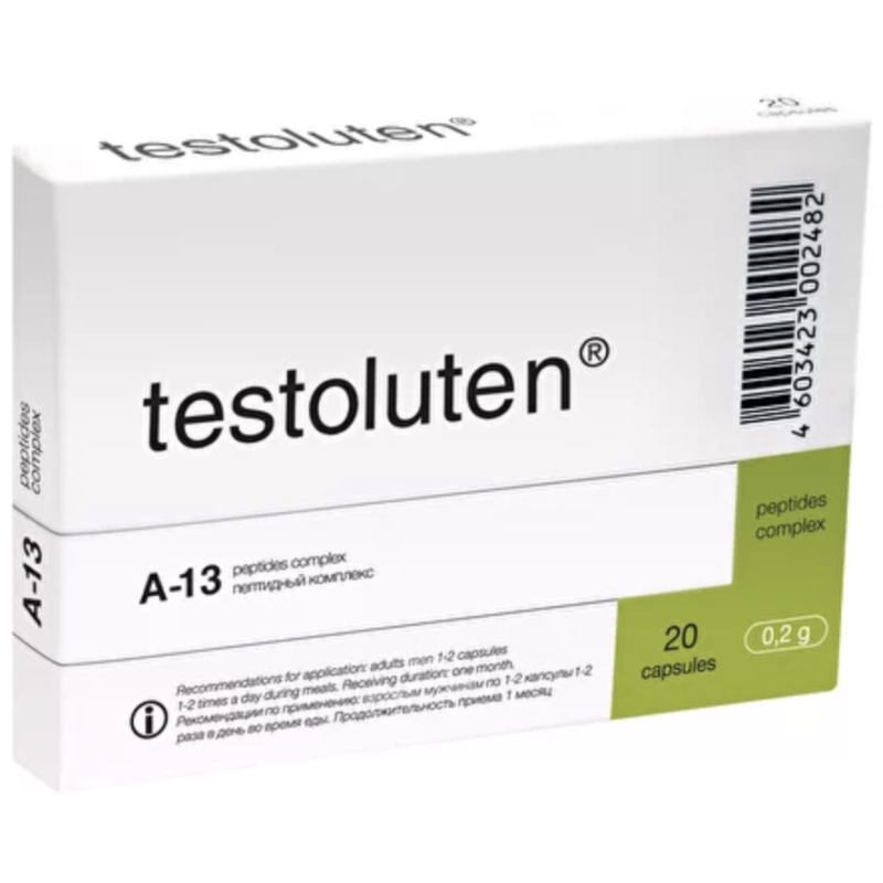 Testoluten product packaging for A-13 peptide complex