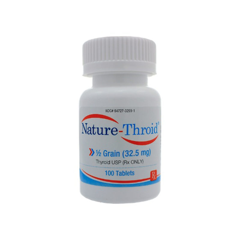 Nature-Throid white tablet product packaging in blue and orange with white background