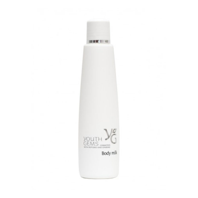 Youth Gems product packaging for body milk in a tall white bottle