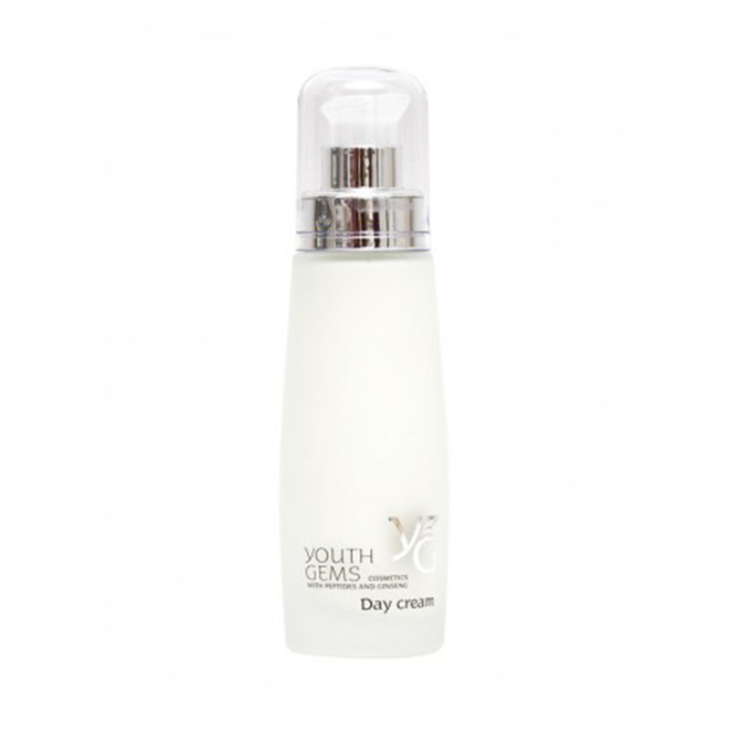 White pump bottle of Youth Gems Day Cream with grey text on the front