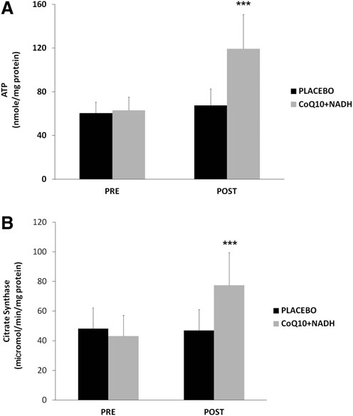 FIG. 4. Intracellular ATP and mitochondrial citrate synthase in BMCs from CFS patients were measured, as described in the Notes section. (A) ATP content and (B) specific activity of mitochondrial citrate synthase were performed, as described in Notes section. Data represent the mean – SD of three separate experiments. ***p < 0.05 significant differences between before and after 8 weeks of treatment.